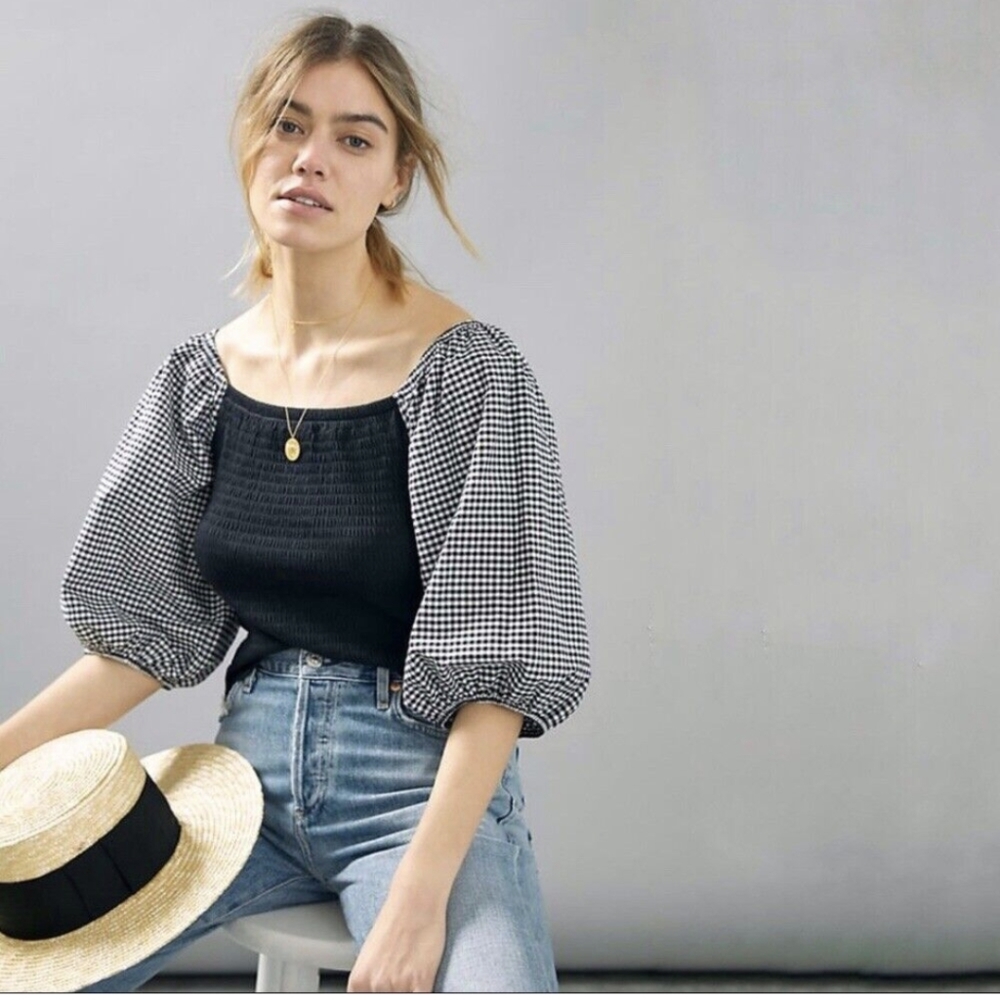 Anthropologie Roselle Black & White Smocked Gingham Puff Sleeve Top size XS